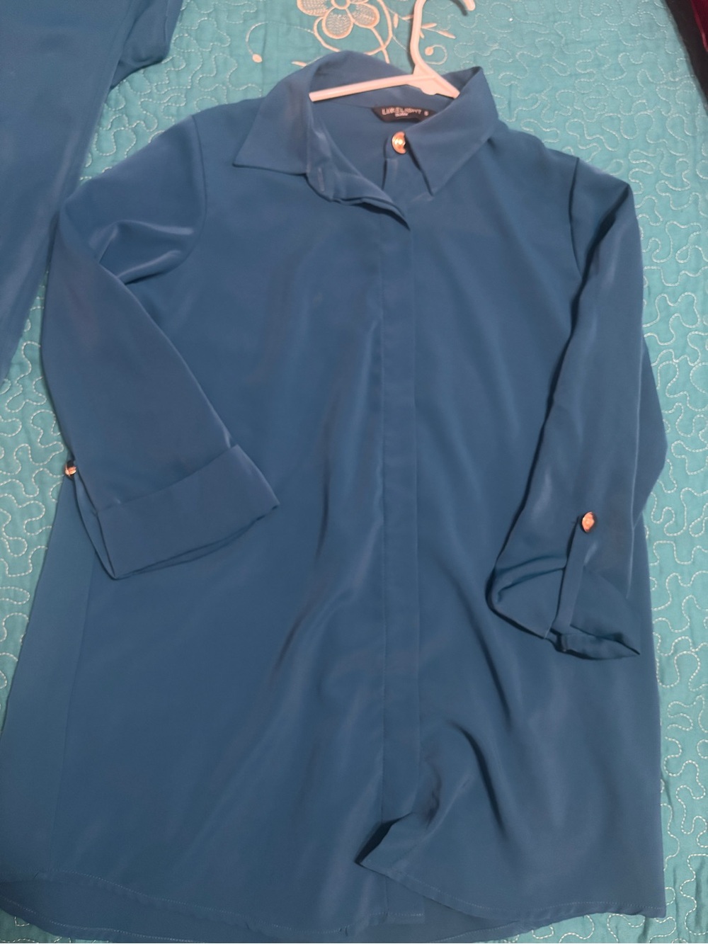 Women's Teal Wide-Leg Pants & Blouse Set - Picture 3 of 5